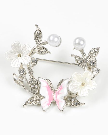 Brosa martisor coronita cu flori si fluturi albi