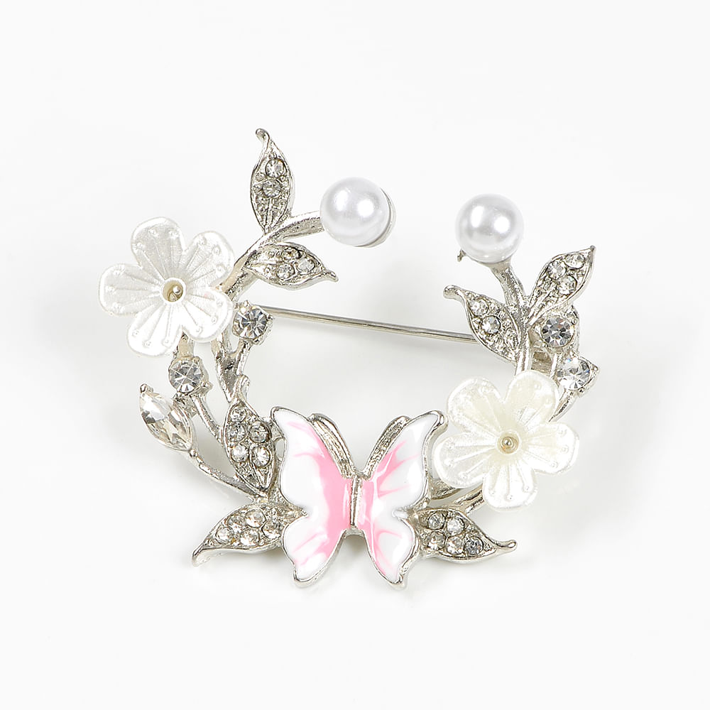 Brosa martisor coronita cu flori si fluturi albi