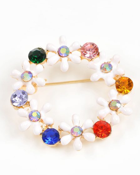 Brosa martisor coronita cu pietre multicolore si flori albe