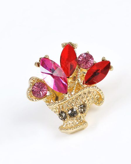Brosa martisor cos auriu cu flori fucsia