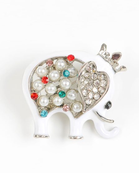 Brosa martisor  elefant alb cu perle