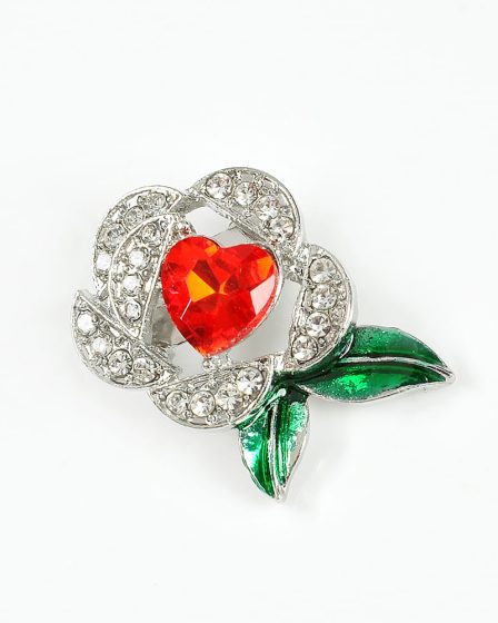 Brosa martisor floare argintie cu inima rosie