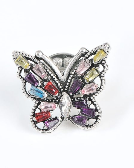 Brosa martisor fluture argintiu cu aripi multicolore