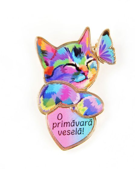 Brosa martisor pisica cu mesaj: O primavara vesela!