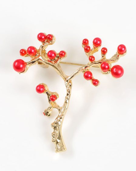 Brosa martisor ramura aurie cu pietre rosii