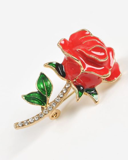 Brosa martisor trandafir rosu cu detalii aurii