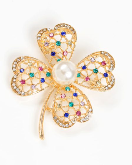 Brosa martisor trifoi auriu cu pietre colorate