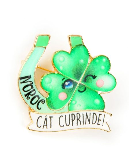Brosa martisor trifoi cu mesaj: Noroc cat cuprinde!