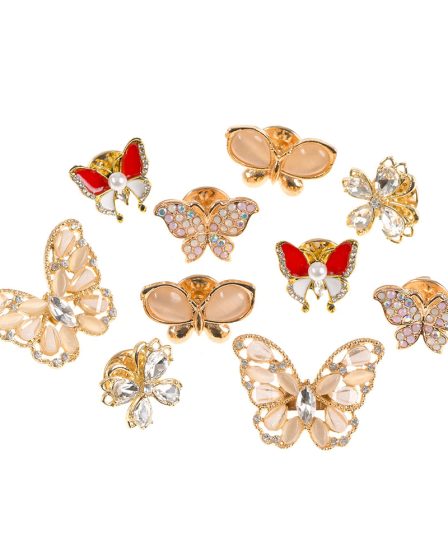 Set 10 brose martisor cu fluturi aurii cu pietre colorate