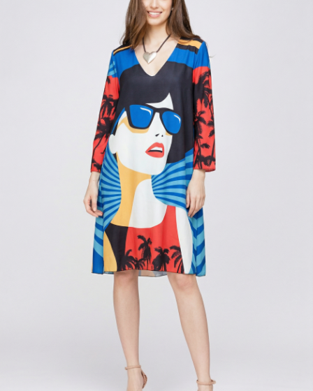 Rochie A-line cu imprimeu grafic artistic si croi lejer