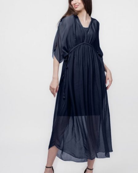 Rochie   Goddess   din matase si vascoza cu snur impletit pe decolteu si talie