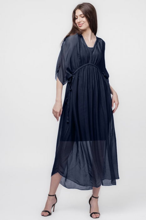 Rochie   Goddess   din matase si vascoza cu snur impletit pe decolteu si talie