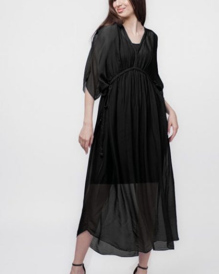Rochie   Goddess   din matase si vascoza cu snur impletit pe decolteu si talie