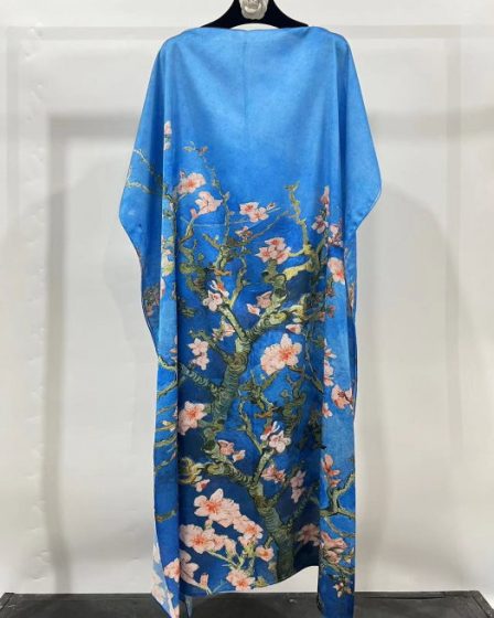 Rochie albastra de plaja lunga tip poncho din matase cu reproducere dupa    Migdal Inflorind   de Van Gogh