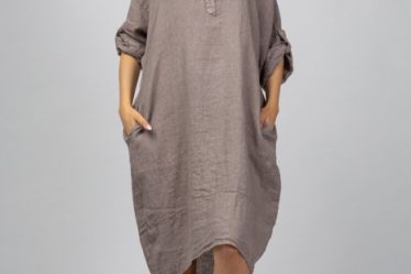 Rochie bej din in Stella Milani cu inel metalic pe spate