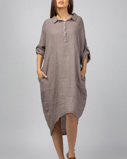 Rochie bej din in Stella Milani cu inel metalic pe spate