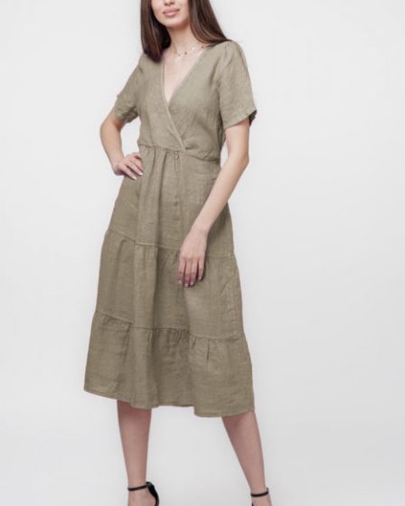 Rochie bej inchis din in cu volane si bust petrecut