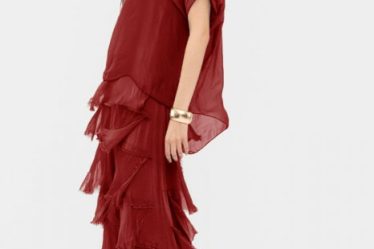 Rochie bordo din matase si vascoza cu  volane franjurate suprapuse