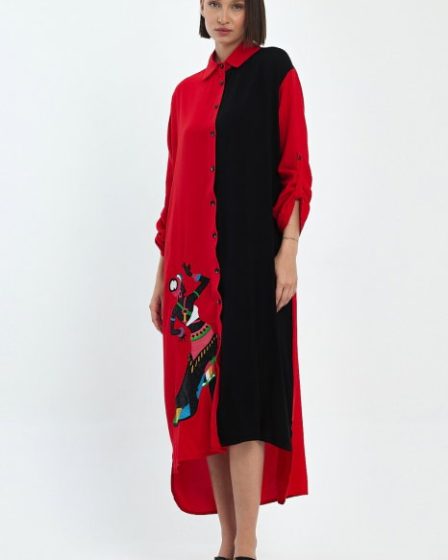Rochie camasa oversize rosu-negru cu broderie silueta fata africana
