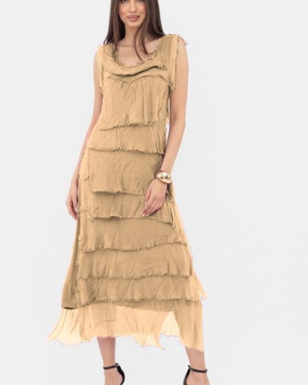 Rochie  camel din matase si vascoza cu  volane franjurate suprapuse