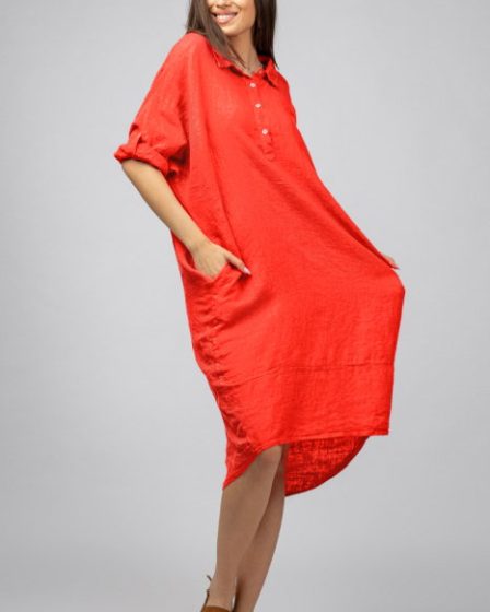 Rochie corai din in Stella Milani cu inel metalic pe spate