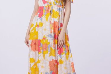 Rochie cu bust petrecut si imprimeu floral pe fond galben