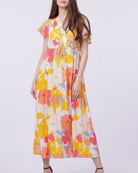 Rochie cu bust petrecut si imprimeu floral pe fond galben