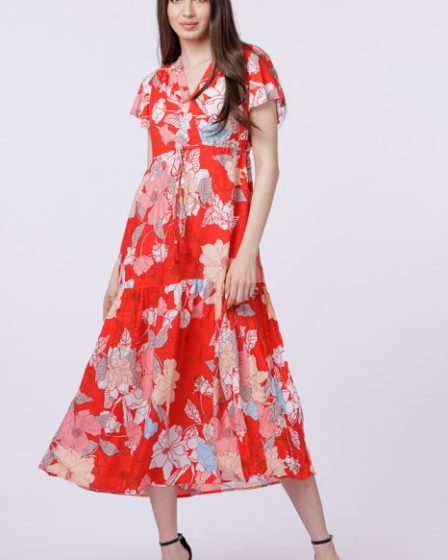 Rochie cu bust petrecut si imprimeu floral pe fond rosu