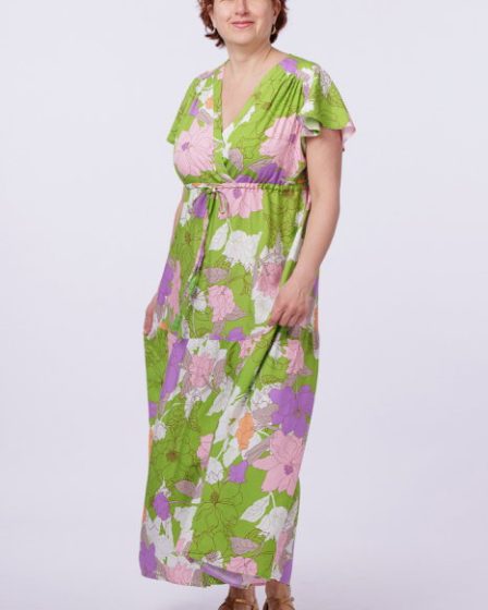 Rochie cu bust petrecut si imprimeu floral pe fond verde