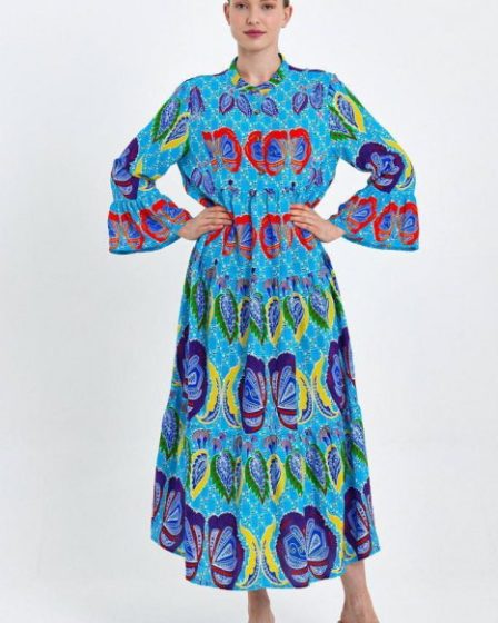 Rochie cu imprimeu boho  pe fond albastru