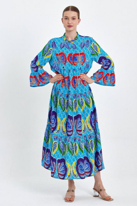 Rochie cu imprimeu boho  pe fond albastru