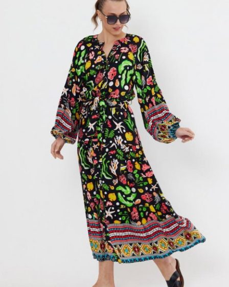 Rochie cu imprimeu marin pe fond negru