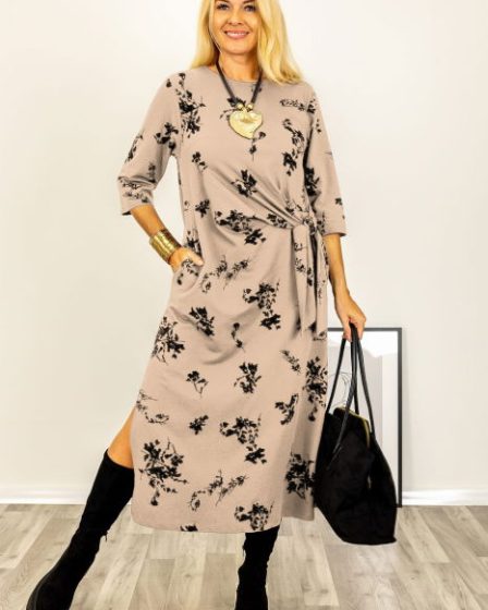 Rochie cu nod intr-o parte imprimata cu flori embosate si catifelate