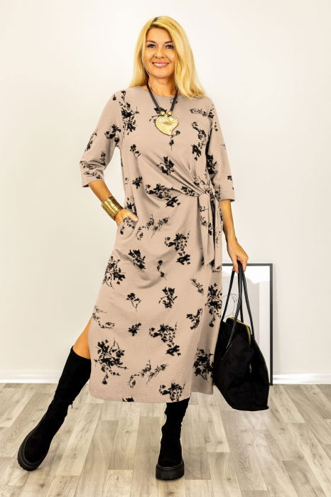 Rochie cu nod intr-o parte imprimata cu flori embosate si catifelate
