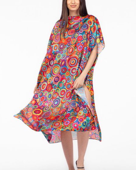 Rochie de plaja lunga tip poncho din matase cu imprimeu cercuri multicolore