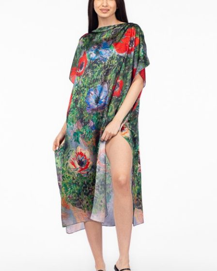 Rochie de plaja lunga tip poncho din matase cu imprimeu impresionist