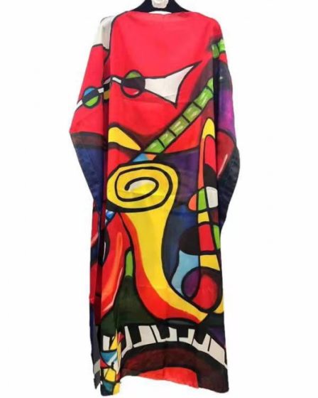 Rochie de plaja lunga tip poncho din matase cu reproducere colorata intens a lui Picasso