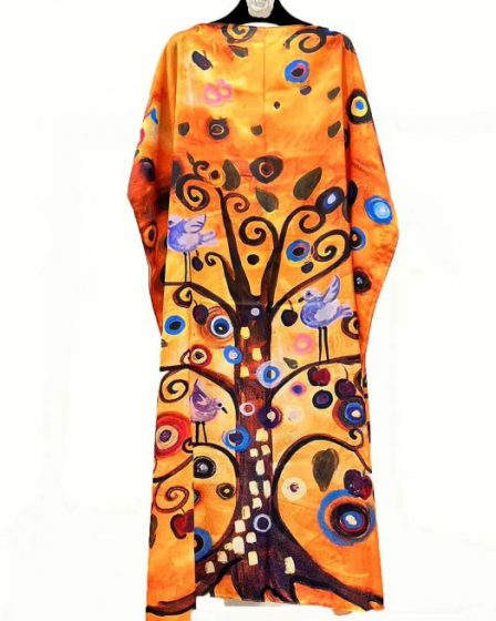 Rochie de plaja lunga tip poncho din matase cu reproducere dupa    Pomul Vietii    - Gustav Klimt