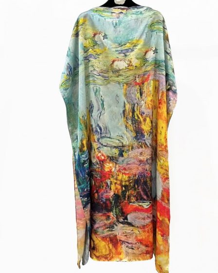 Rochie de plaja lunga tip poncho din matase cu reproducere dupa o pictura impresionista