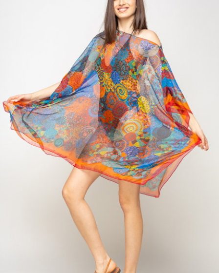 Rochie de plaja tip poncho cu mandale multicolore si margine rosie cu portocaliu