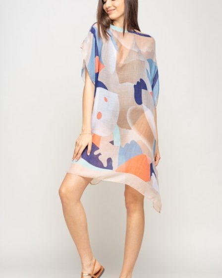 Rochie de plaja tip poncho cu model abstract in nuante de bej