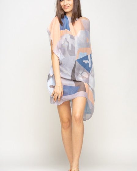 Rochie de plaja tip poncho cu model abstract in nuante de gri
