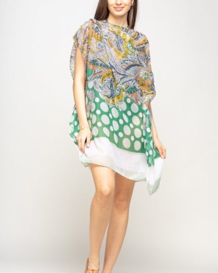 Rochie de plaja tip poncho cu motive florale si buline alb cu verde