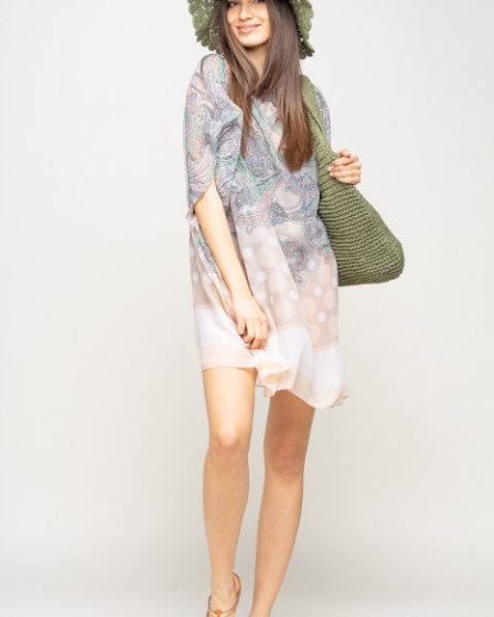Rochie de plaja tip poncho cu motive florale si buline bej