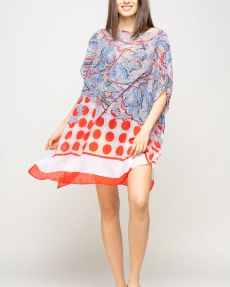Rochie de plaja tip poncho cu motive florale si buline rosii