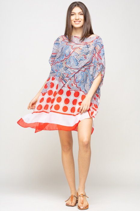 Rochie de plaja tip poncho cu motive florale si buline rosii