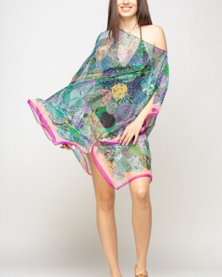 Rochie de plaja tip poncho de plaja cu mandale multicolore si margine mov cu roz