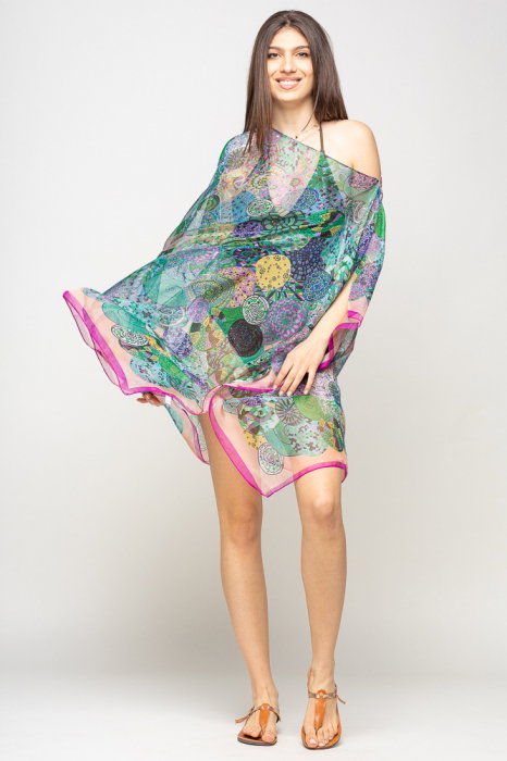 Rochie de plaja tip poncho de plaja cu mandale multicolore si margine mov cu roz