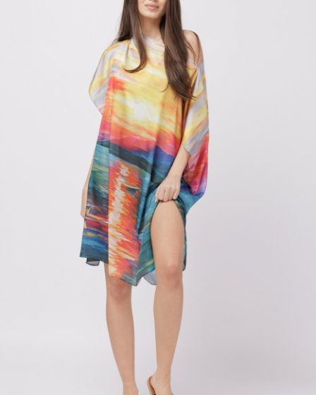 Rochie de plaja tip poncho din matase cu imprimeu apus de soare pe apa
