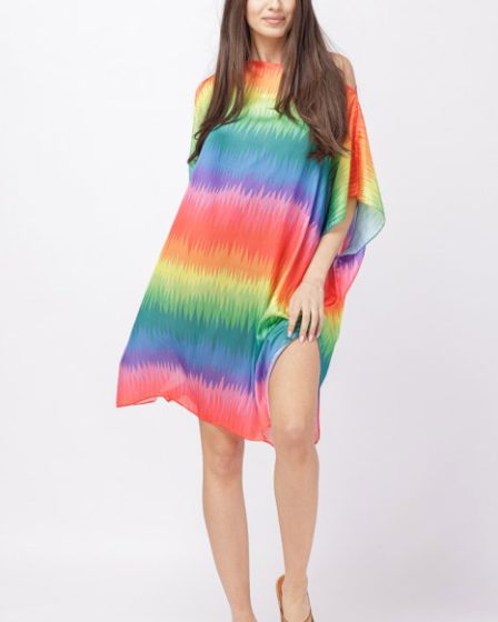 Rochie de plaja tip poncho din matase cu imprimeu curcubeu